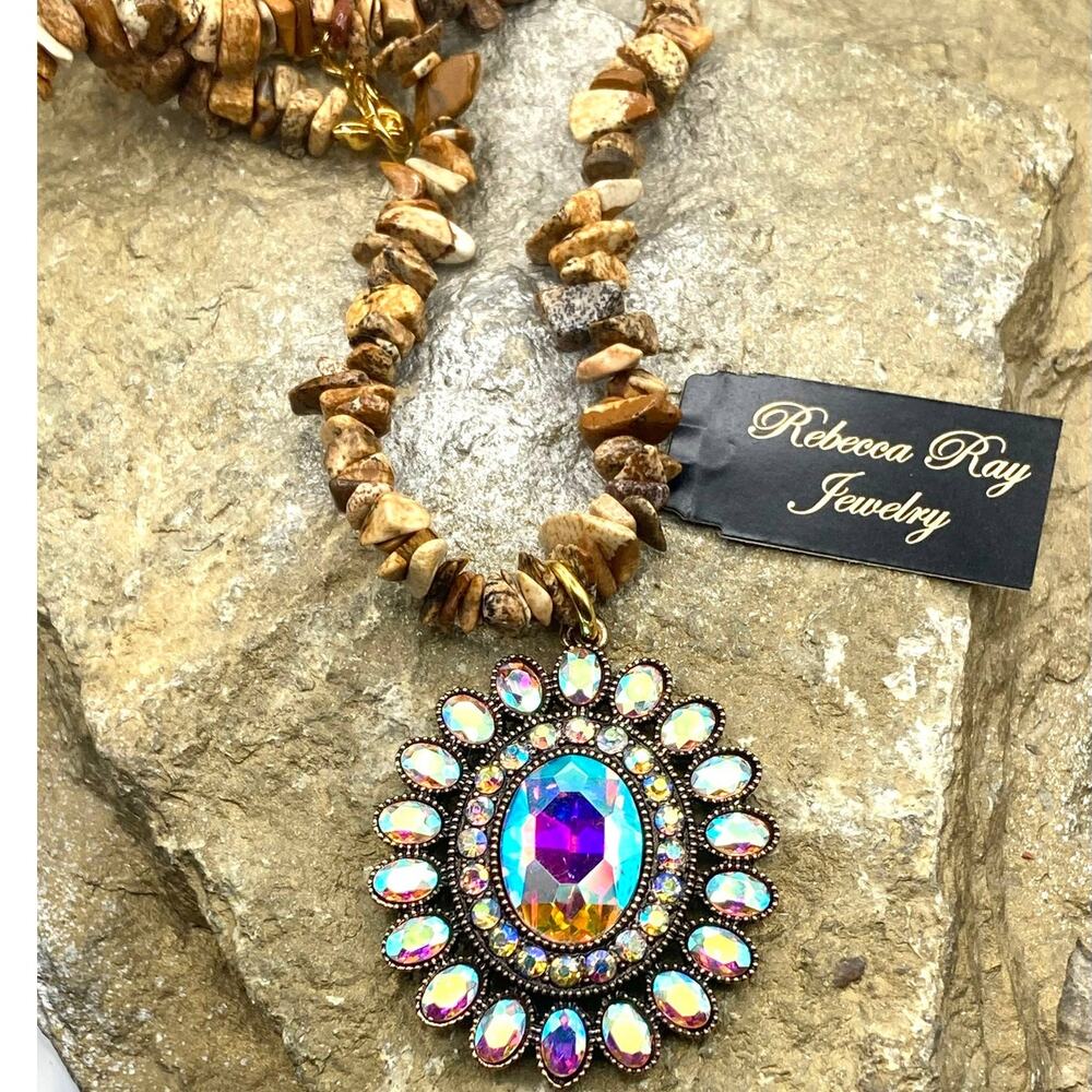 Boho Jasper Concho Statement Necklace | Aurora Borealis Crystal 18"